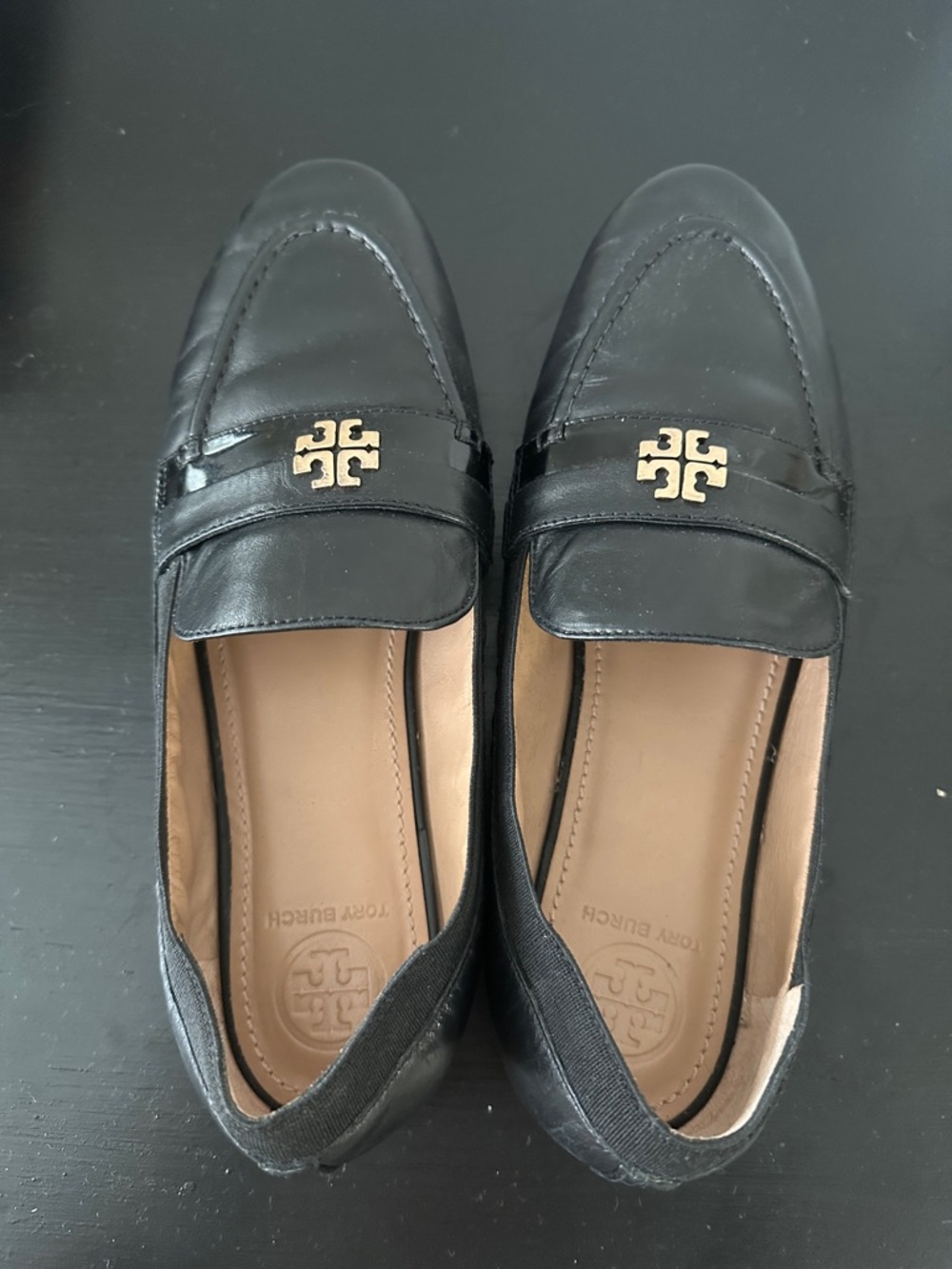 Tory Burch Black Leather Logo Penny Loafers with Gold Hardware